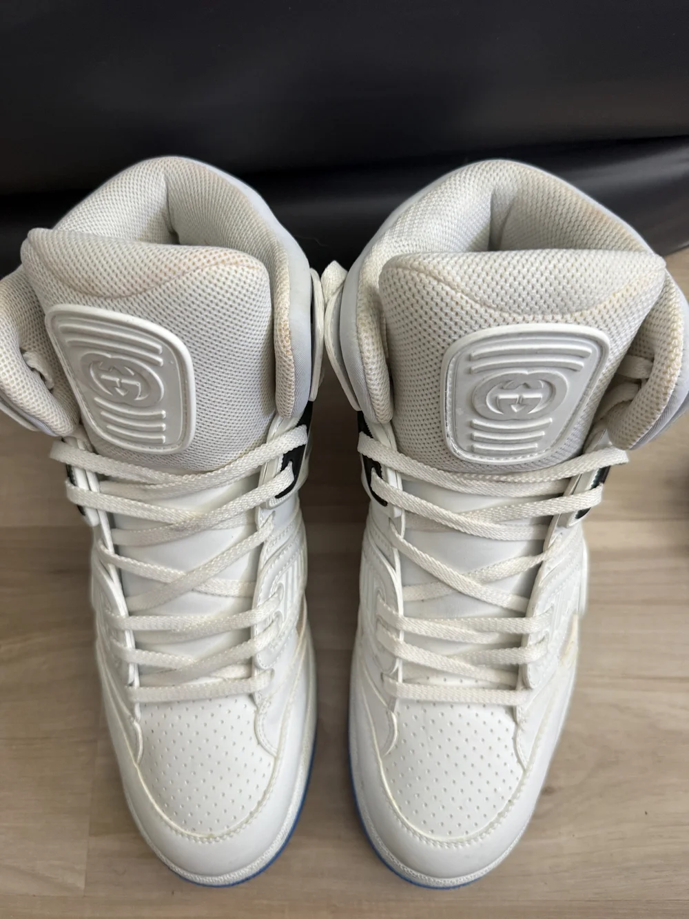 Gucci White High-Top Leather Sneakers with Subtle Blue Accent